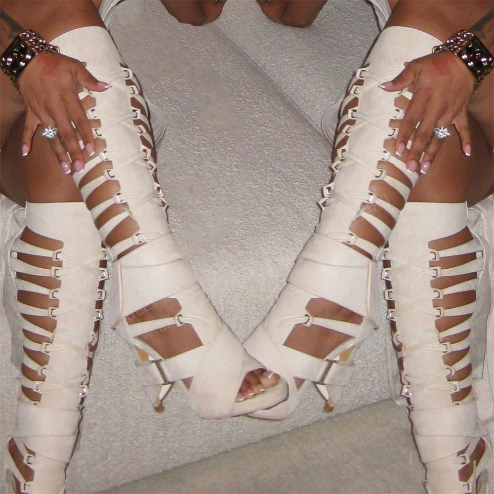 Knee High Boots Women - Gladiator Hollow Belt Buckle Kniehoge Laars